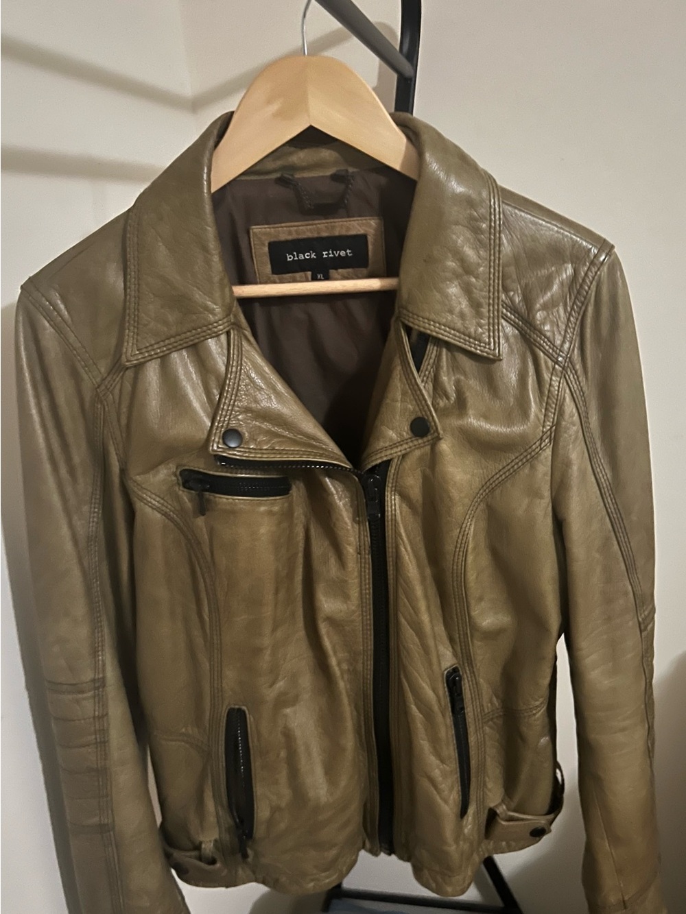Black Rivet Olive Green Leather Biker Jacket